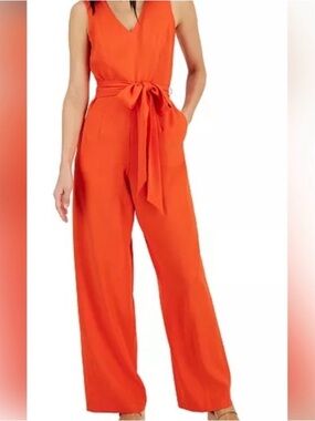 INC International Concepts Sleeveless V-Neck Belted Jumpsuit in Orange